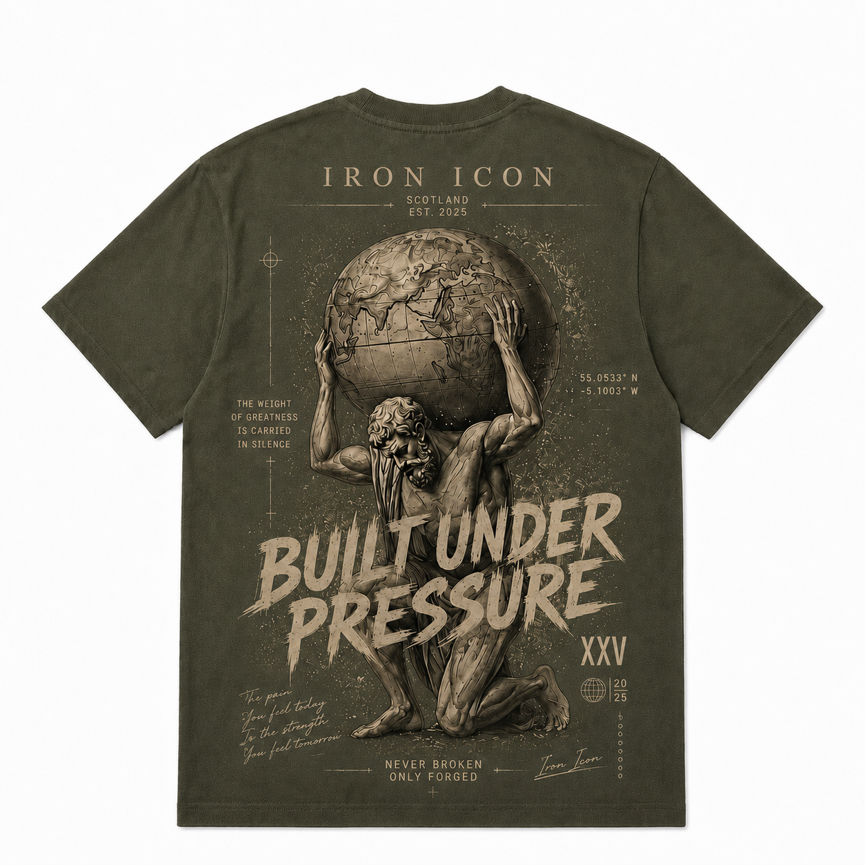 IRON ICON ATLAS T-Shirt in Khaki Green — Premium Oversized Graphic Streetwear Tee, Scotland