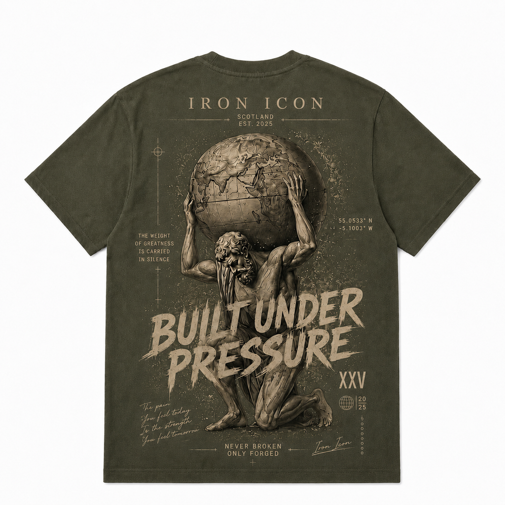 IRON ICON ATLAS T-Shirt in Khaki Green — Premium Oversized Graphic Streetwear Tee, Scotland