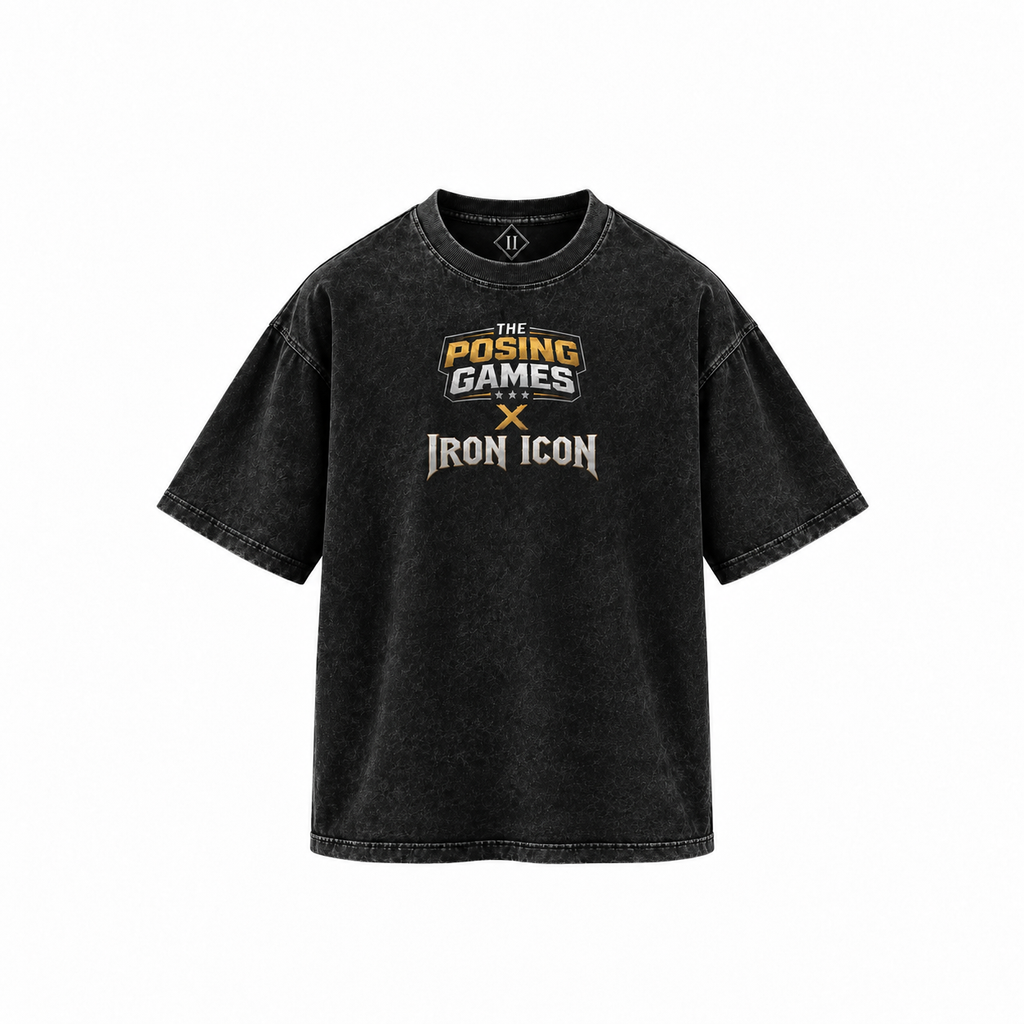 Front of the black acid wash Posing Games x Iron Icon tee with The Posing Games x Iron Icon logo in gold and silver across the chest