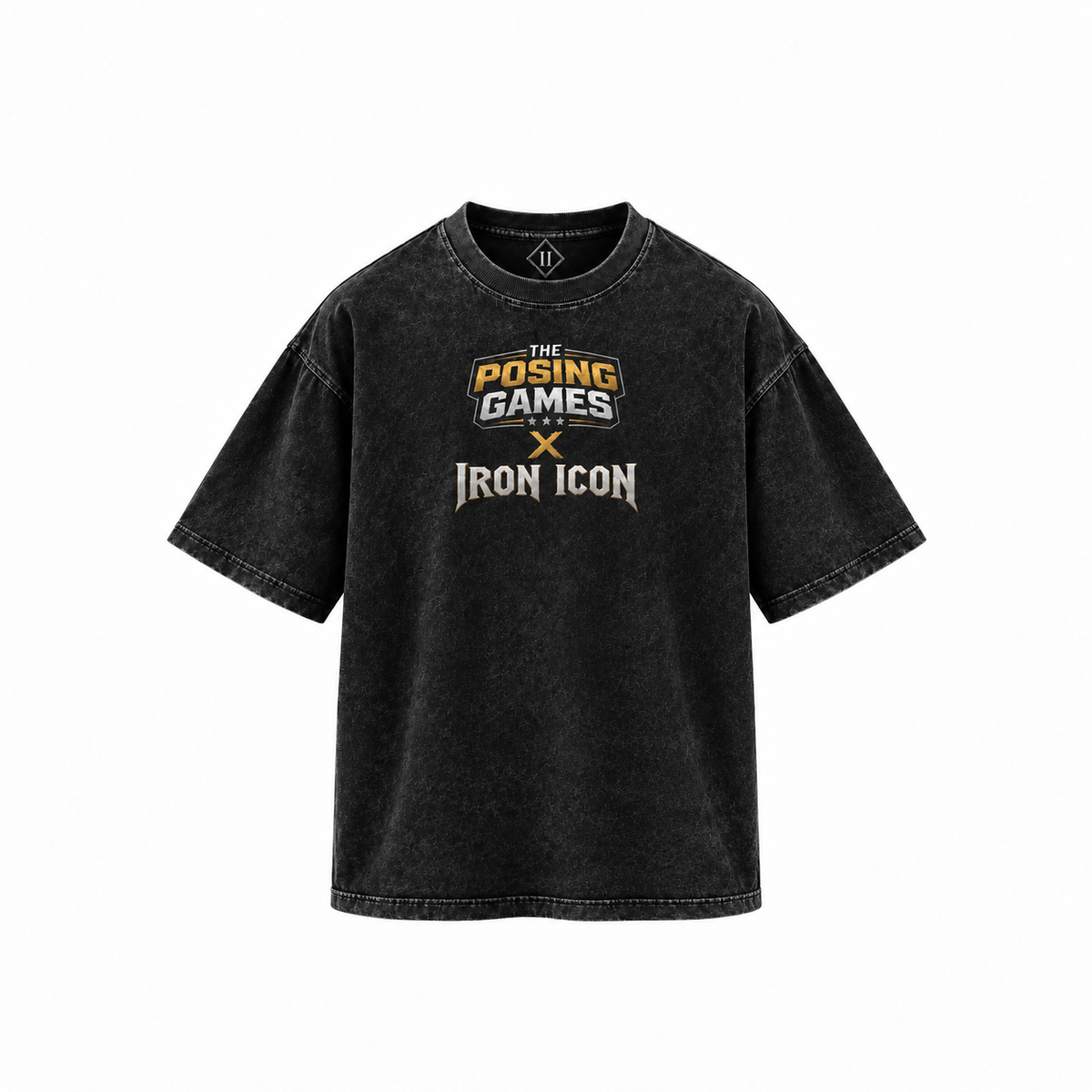Front of the black acid wash Posing Games x Iron Icon tee with The Posing Games x Iron Icon logo in gold and silver across the chest