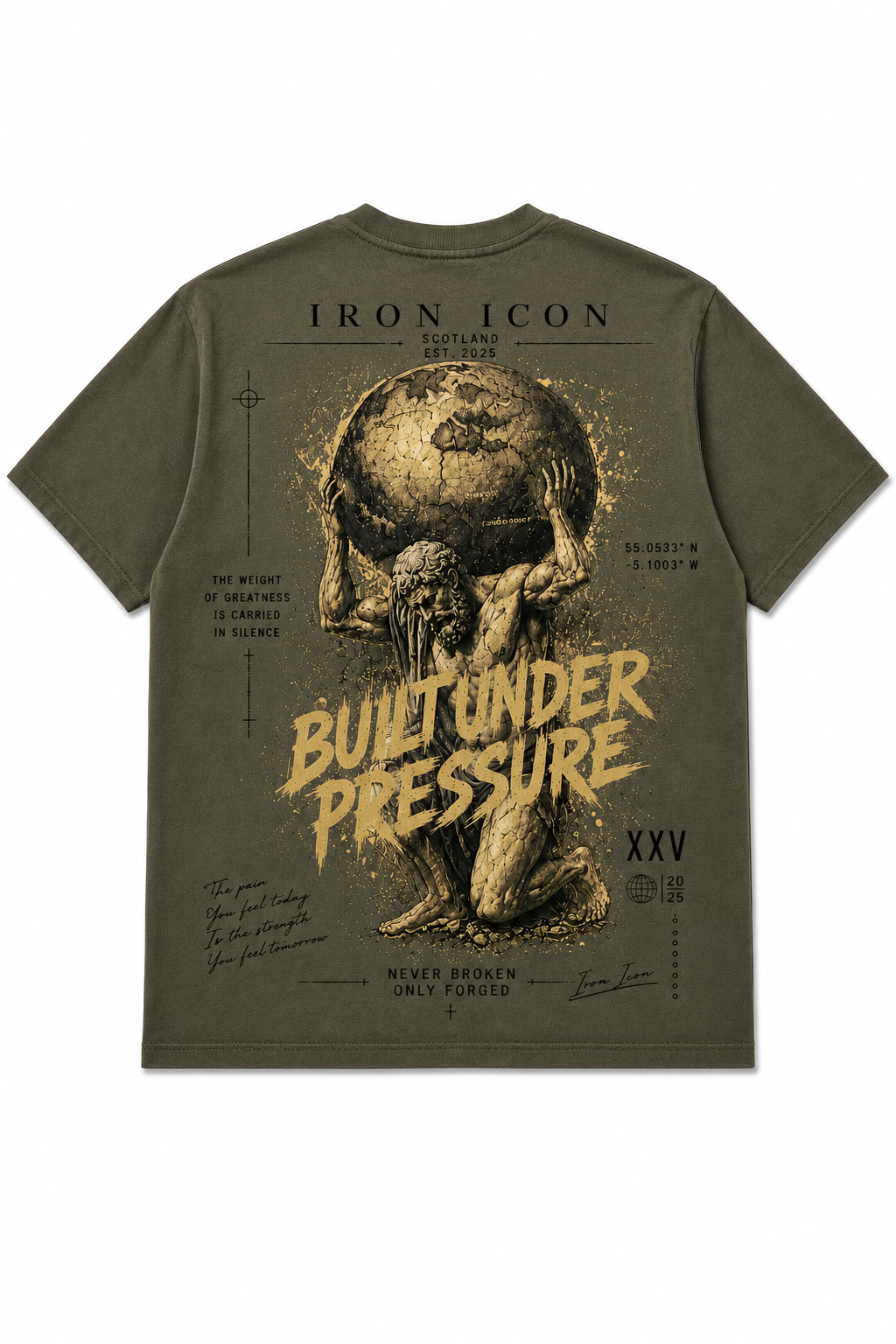 IRON ICON ATLAS T-Shirt in Khaki Green — Oversized Drop Shoulder Graphic Tee UK Streetwear