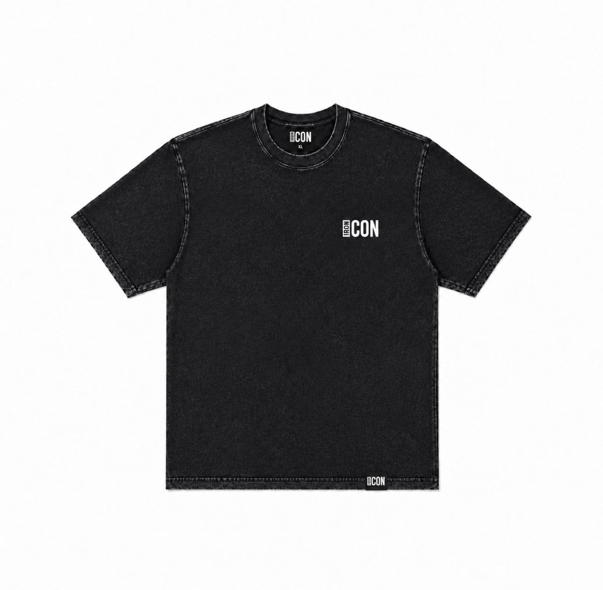 Black stonewash acid wash Iron Icon oversized tee with small ICON logo on the chest, front view