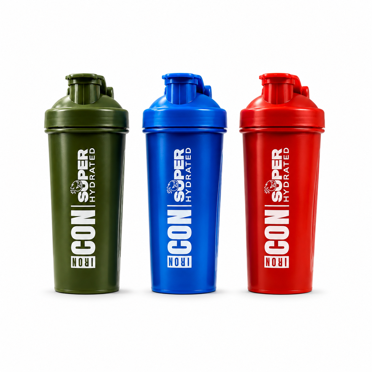 IRON ICON x FMA Super Hydrated shaker bottles in Army Green, Blue and Red