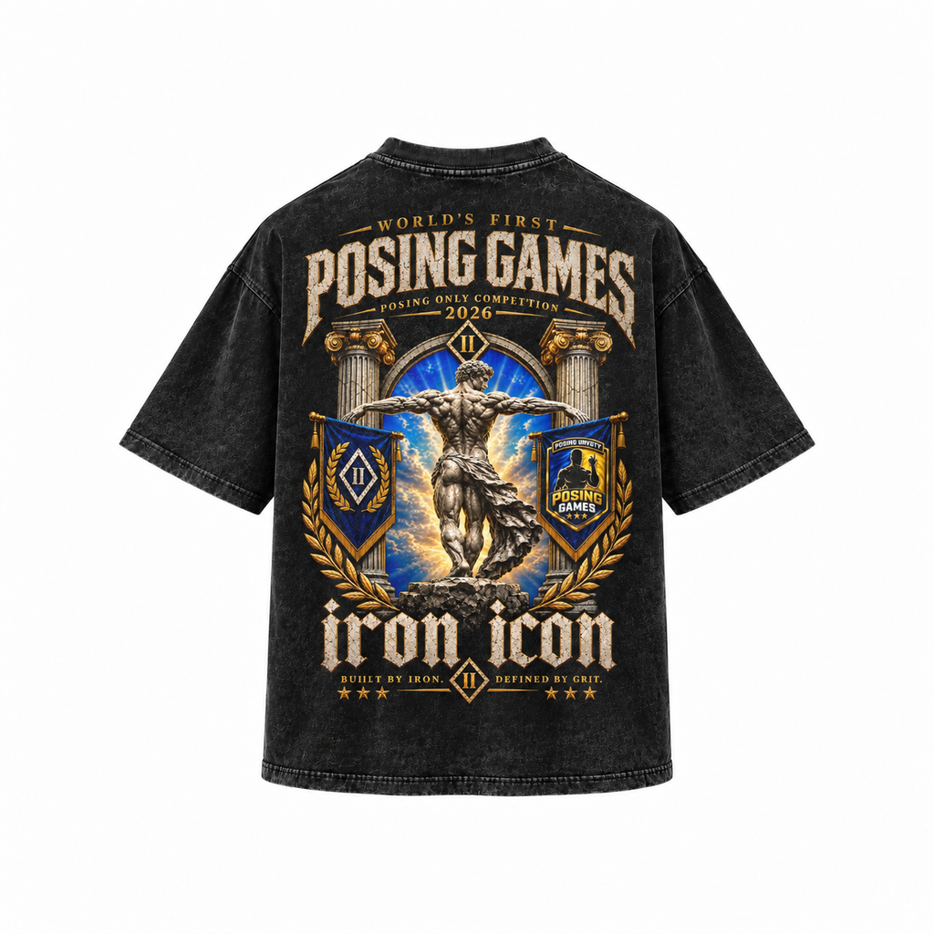 Back of the black acid wash Posing Games x Iron Icon limited edition oversized tee