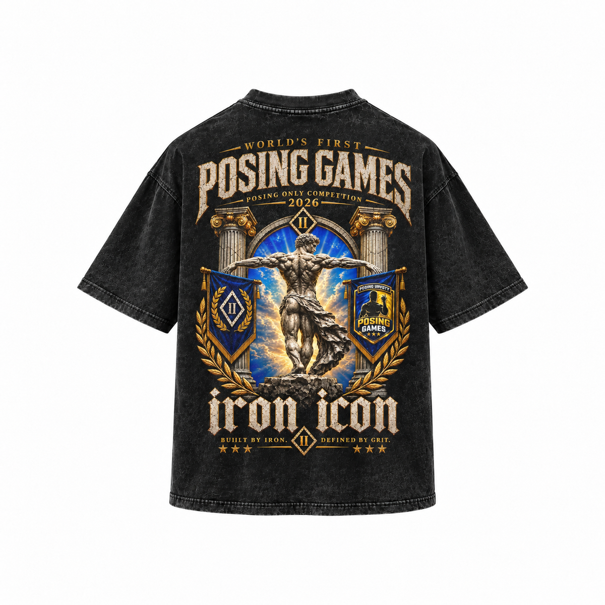 Back of the black acid wash Posing Games x Iron Icon limited edition oversized tee
